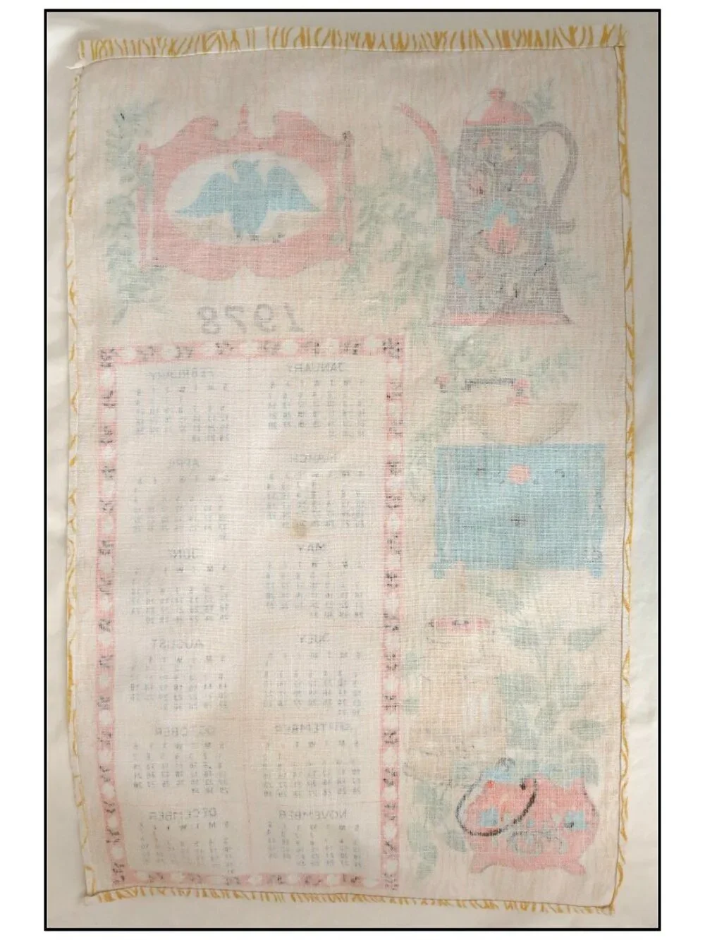 VINTAGE 1978 Linen Kitchen Calendar Tea Towel Butter Churn Coffee Pot Eagle